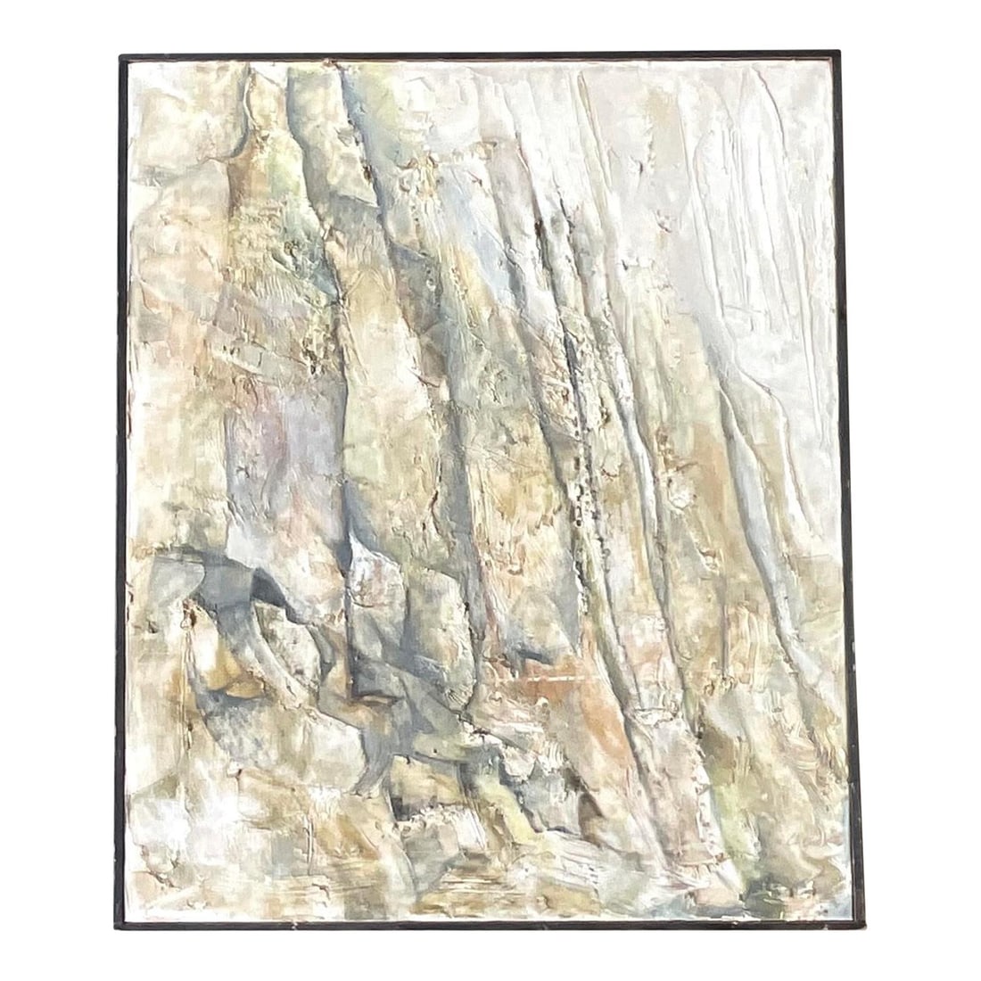 Midcentury Abstract Oil Painting in Ecru Signed Vintage Art: Midcentury Abstract Oil Painting in Ecru Signed Vintage Art This vintage original oil painting showcases a chic abstract composition in soft browns and greens, complemented by pale neutrals. The artwo