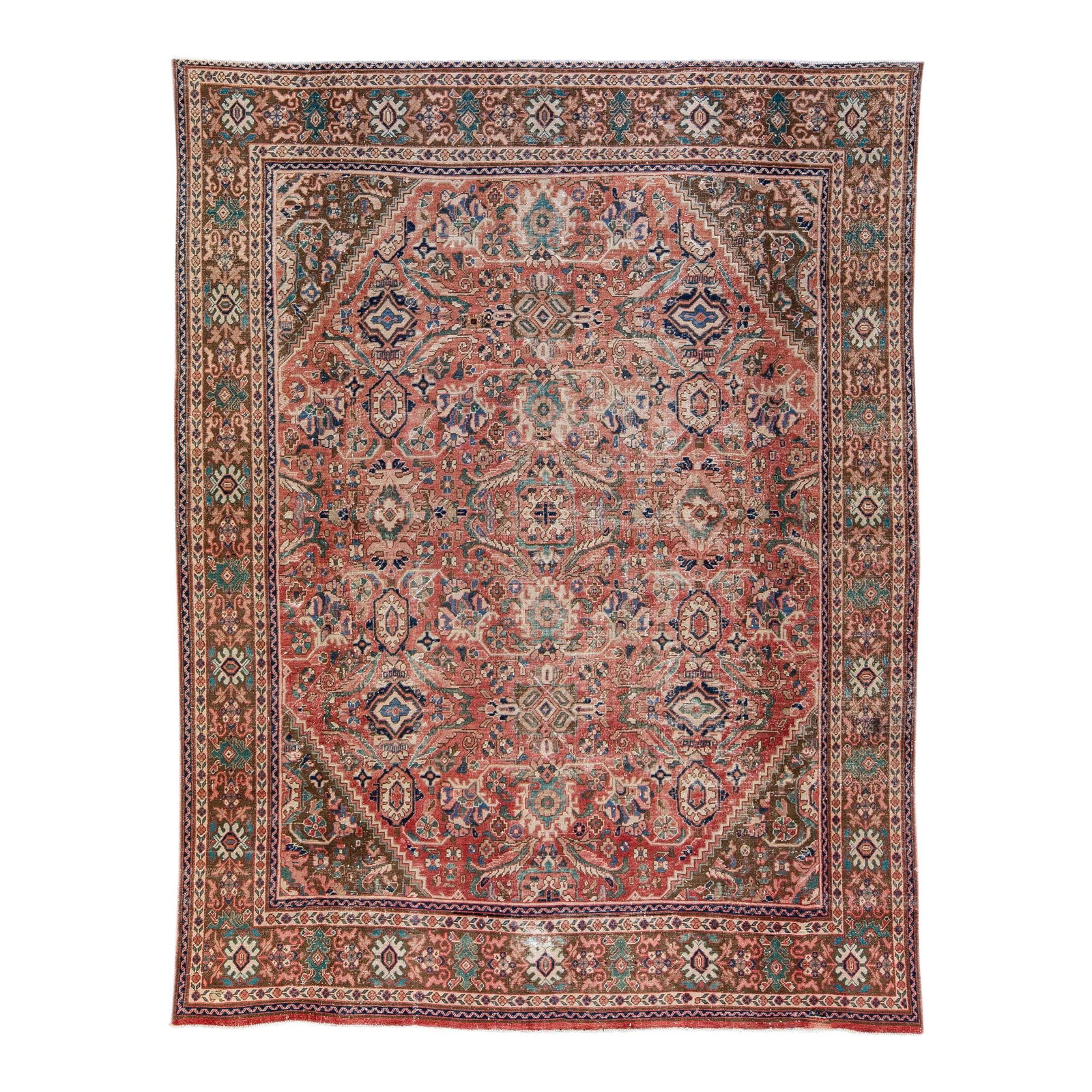 Vintage Persian Handmade Wool Rug 10'4 x 13'7 Floral Design: Vintage Persian Handmade Wool Rug 10'4 x 13'7 Floral Design This exquisite vintage Persian rug showcases a distressed hand-knotted wool construction featuring a striking red field surrounded by a beig