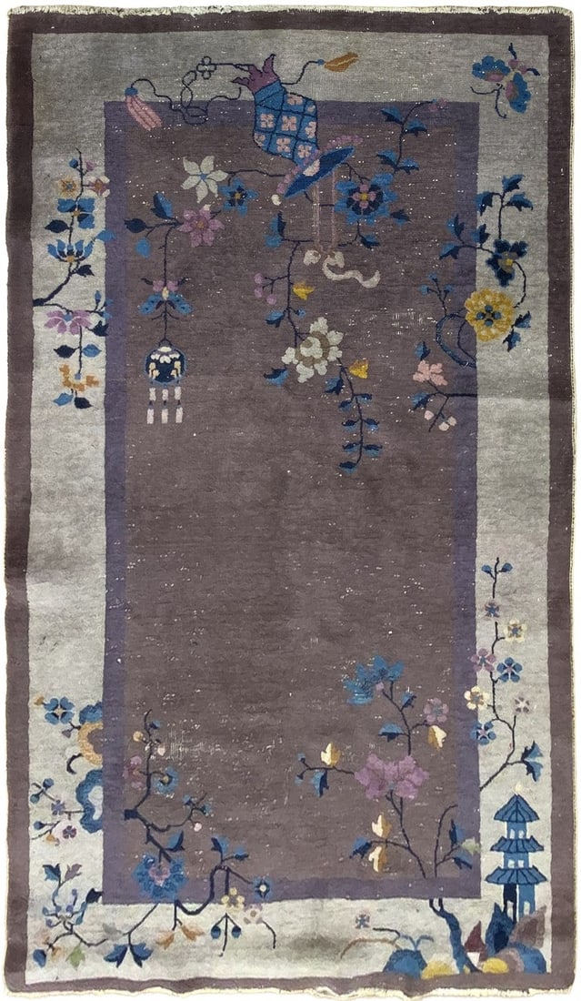 1920 Chinese Art Deco Wool Rug with Vase Motif 122cm x 203cm: 1920 Chinese Art Deco Wool Rug with Vase Motif 122cm x 203cm Antique Chinese Art Deco rug from the early 20th century, featuring a hanging vase design with flowering branches on a rich purple field. I