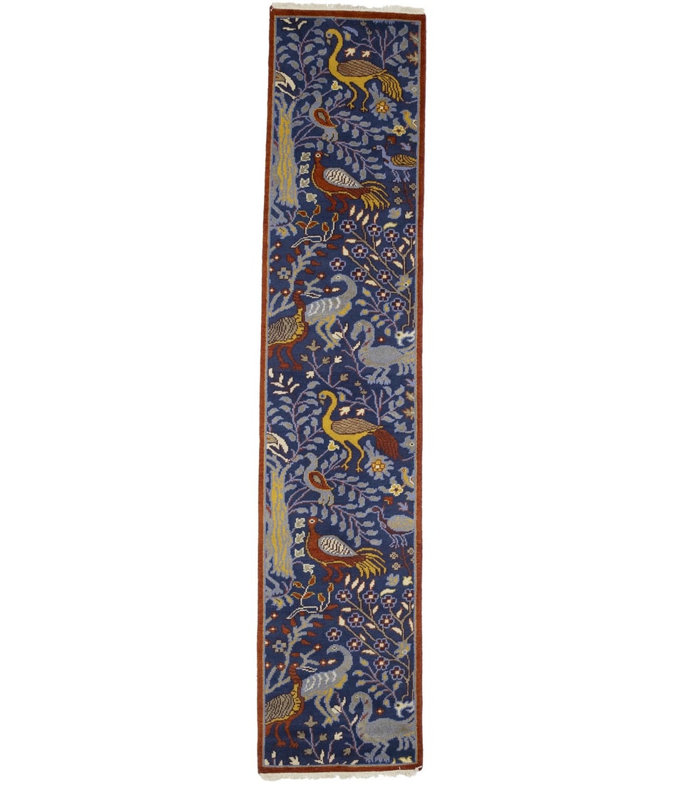 2'6 x 12'0 Wool Hand Knotted Pictorial Bird Runner: 2'6 x 12'0 Wool Hand Knotted Pictorial Bird Runner Enhance your space with this exquisite 3X12 Rare Blue Pictorial Birds Design Oriental Runner Rug. This stunning handmade rug features a vibrant color