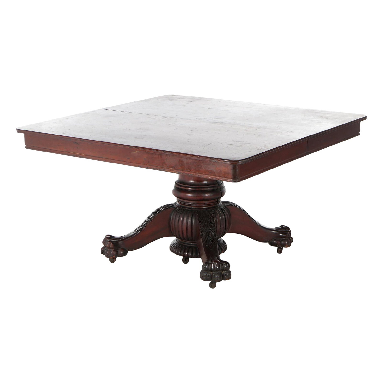 Antique American Empire Carved Mahogany Banquet Table with 6 Leaves c1880: Antique American Empire Carved Mahogany Banquet Table with 6 Leaves c1880 This exquisite antique American Empire banquet table, crafted from rich mahogany around c1880, embodies classic elegance and f