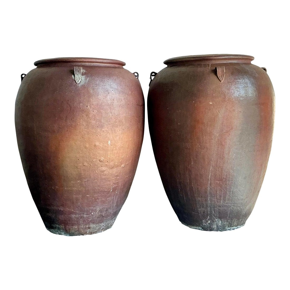 Pair of Large Terracotta Amphora Style Matte Brown Glazed Urns: Pair of Large Terracotta Amphora Style Matte Brown Glazed Urns This pair of large vintage ceramic urns features a deep, matte earthy brown glaze and substantial terracotta construction. Inspired by tr