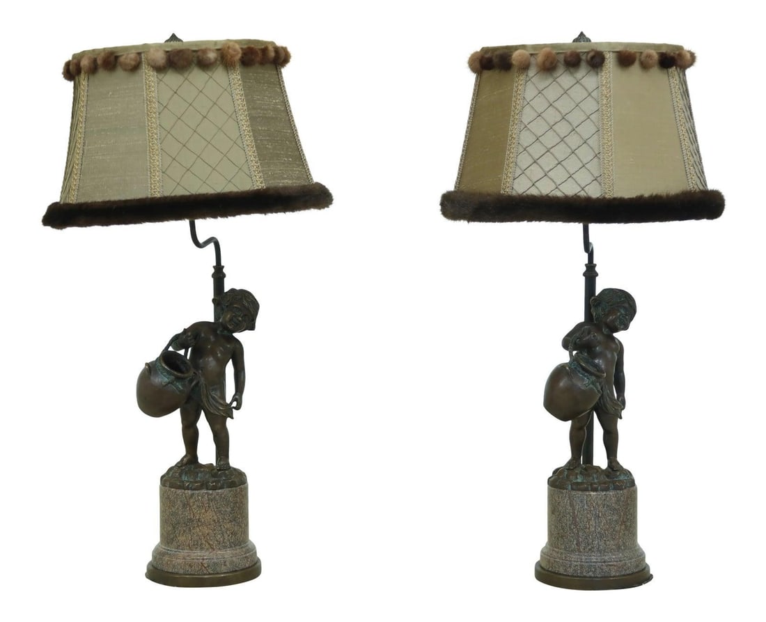 Elegant Pair of Morgan Hill Bronze Marble Puti Table Lamps: Elegant Pair of Morgan Hill Bronze Marble Puti Table Lamps Enhance your living space with this exquisite pair of Morgan Hill Bronze & Marble Classical Puti Table Lamps, approximately 15 years old. The