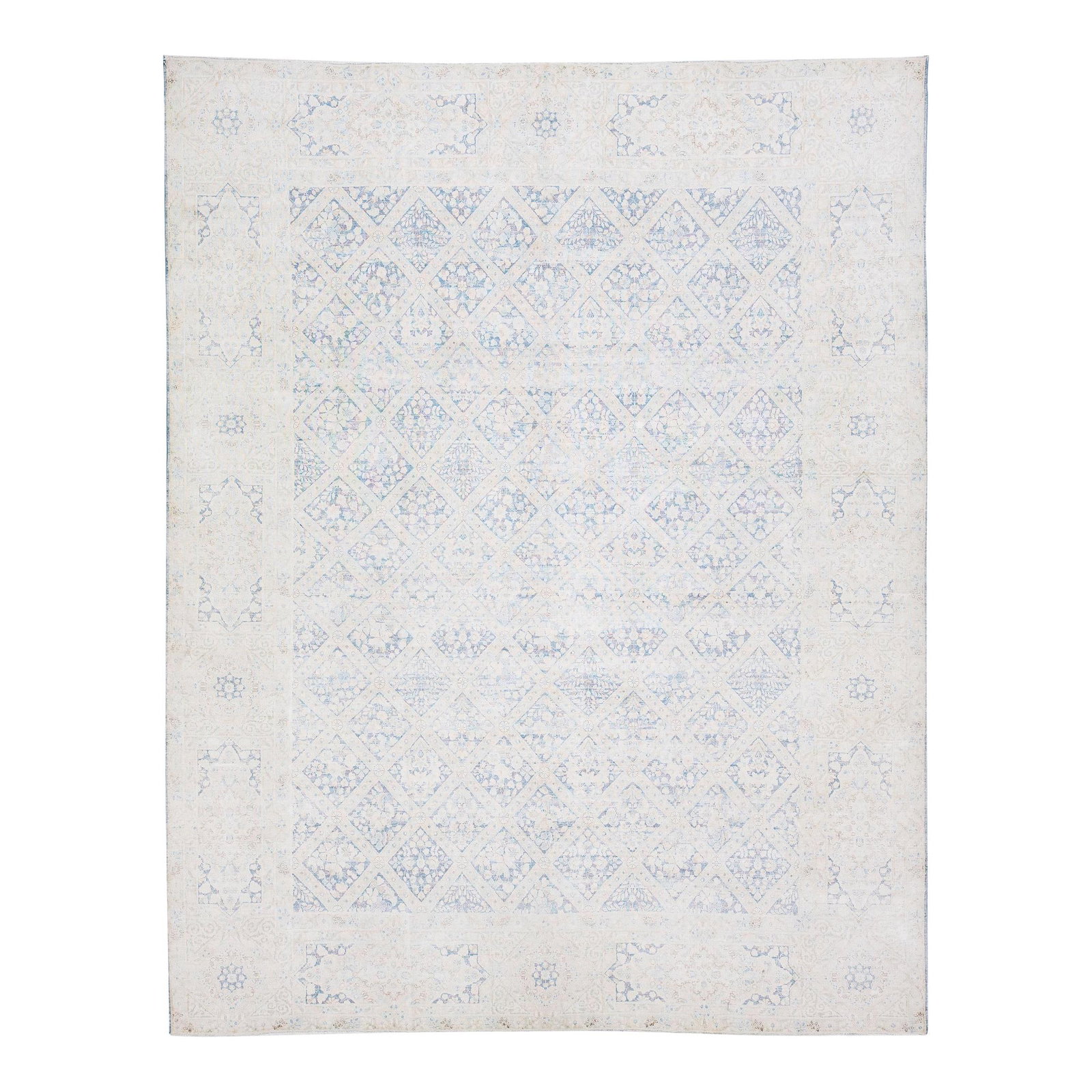 Antique Kerman Handmade Persian Wool Rug 9'8 x 12'3 Beige Floral Design: Antique Kerman Handmade Persian Wool Rug 9'8 x 12'3 Beige Floral Design Elevate your space with this stunning antique Kerman hand-knotted wool rug, showcasing a beautiful beige field adorned with blue
