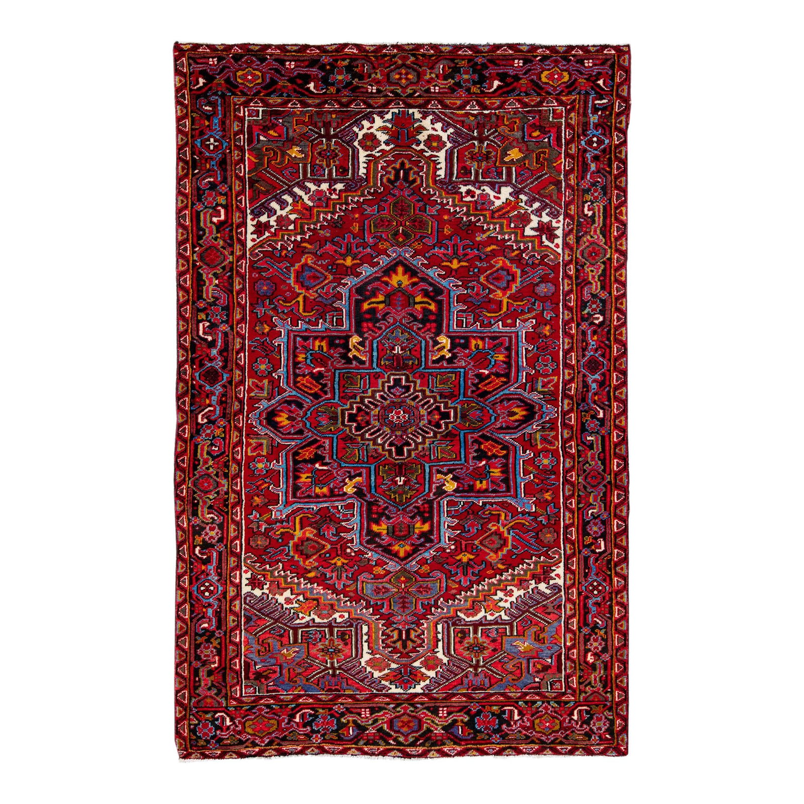 Vintage Handmade Heriz Wool Rug Red Medallion 5'3 x 8'2: Vintage Handmade Heriz Wool Rug Red Medallion 5'3 x 8'2 Enhance your space with this stunning vintage hand-knotted Heriz wool rug, featuring a vibrant red field adorned with a multicolor medallion des