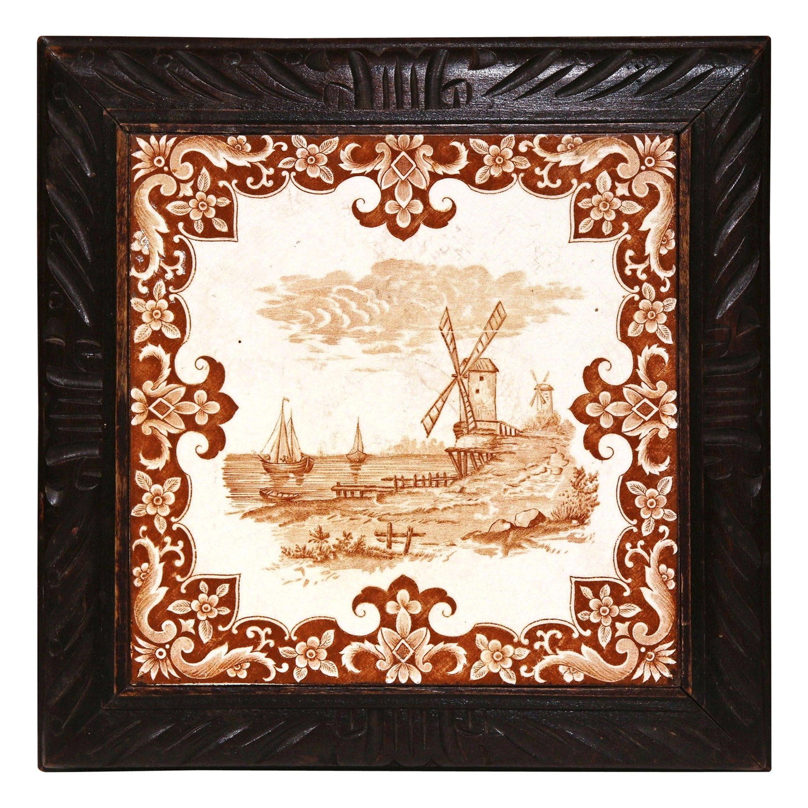 French Carved Oak Music Box Trivet with Faience Tile (1 of 6)