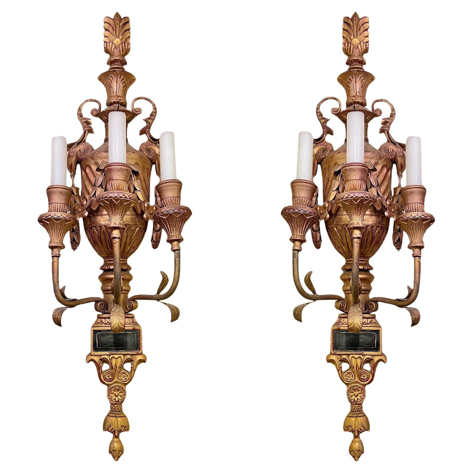 Set of 2 Neoclassical Gilt Wood Three-Light Wall Sconces Italian 19th Century (1 of 11)