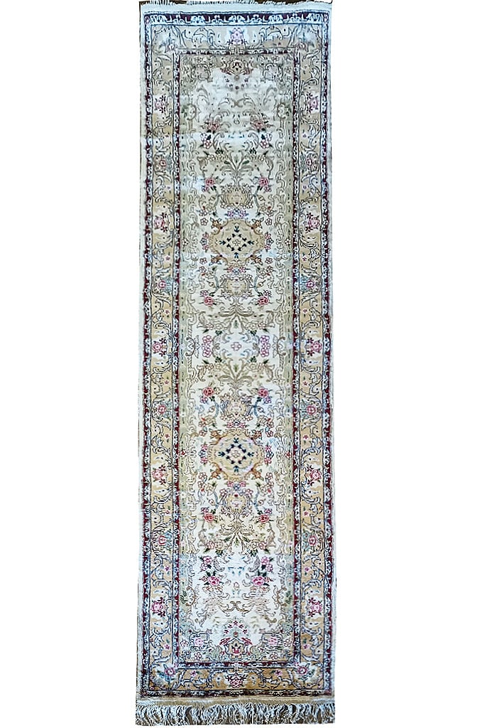10' Floral Runner Rug Bamboo Silk Hand-Knotted Ivory Green Pink Blue: 10' Floral Runner Rug Bamboo Silk Hand-Knotted Ivory Green Pink Blue Free continental US Shipping Introducing a luxurious 10-foot runner rug that combines artisanal craftsmanship with elegance. This h