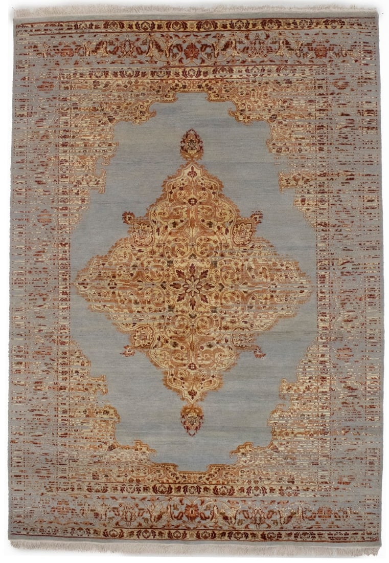 Hand-Knotted Transitional Floral Wool Area Rug 5'6 x 7'10 India: Hand-Knotted Transitional Floral Wool Area Rug 5'6 x 7'10 India This handmade transitional Oriental rug features a high-low relief medallion design with a floral pattern. Crafted from hand-knotted woo
