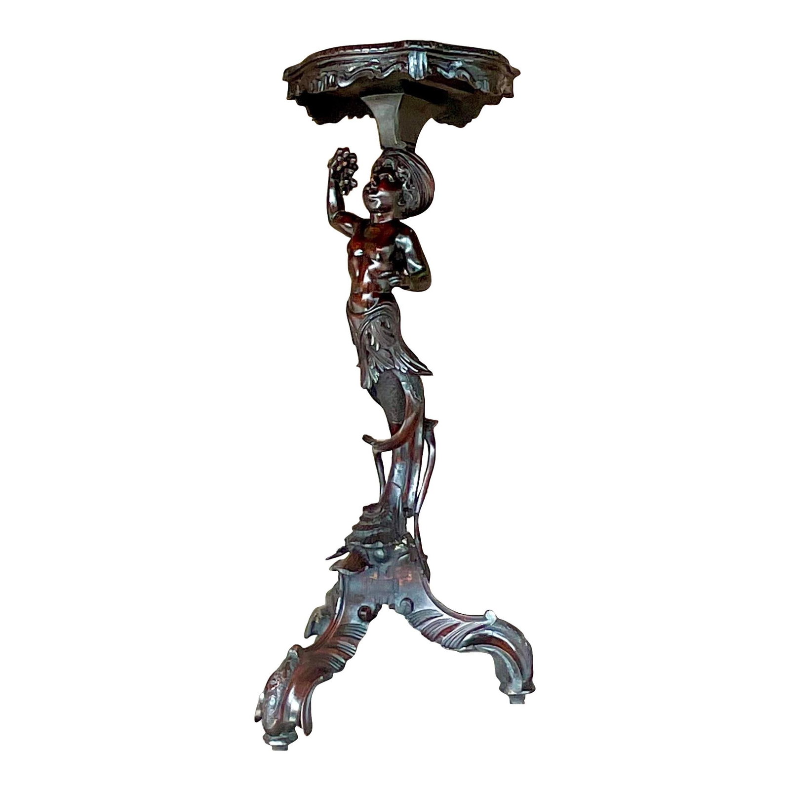 Vintage Hand Carved Boho Cherub Serpent Pedestal in Burnt Umber: Vintage Hand Carved Boho Cherub Serpent Pedestal in Burnt Umber This stunning vintage pedestal features exquisite hand-carved details, showcasing a unique design that combines elements of both a cheru