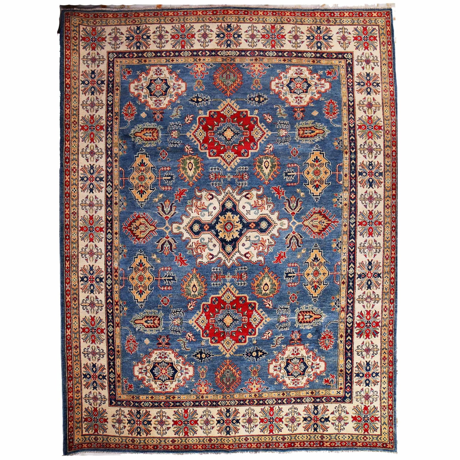 Handmade Blue Kazak Rug 7.10 x 10.1 ft Organic Wool: Handmade Blue Kazak Rug 7.10 x 10.1 ft Organic Wool Free continental US Shipping Discover the beauty of this handmade Kazak rug, measuring 7.10 x 10.1 feet. Crafted by Afghan refugees in the villages 