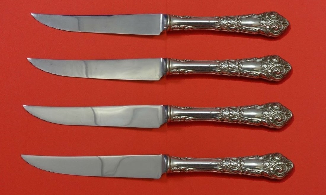 Reed & Barton French Renaissance Sterling Silver Steak Knife Set 4pc: Reed & Barton French Renaissance Sterling Silver Steak Knife Set 4pc Elevate your dining experience with this exquisite 4-piece Steak Knife Set from Reed & Barton, featuring the elegant French Renaiss