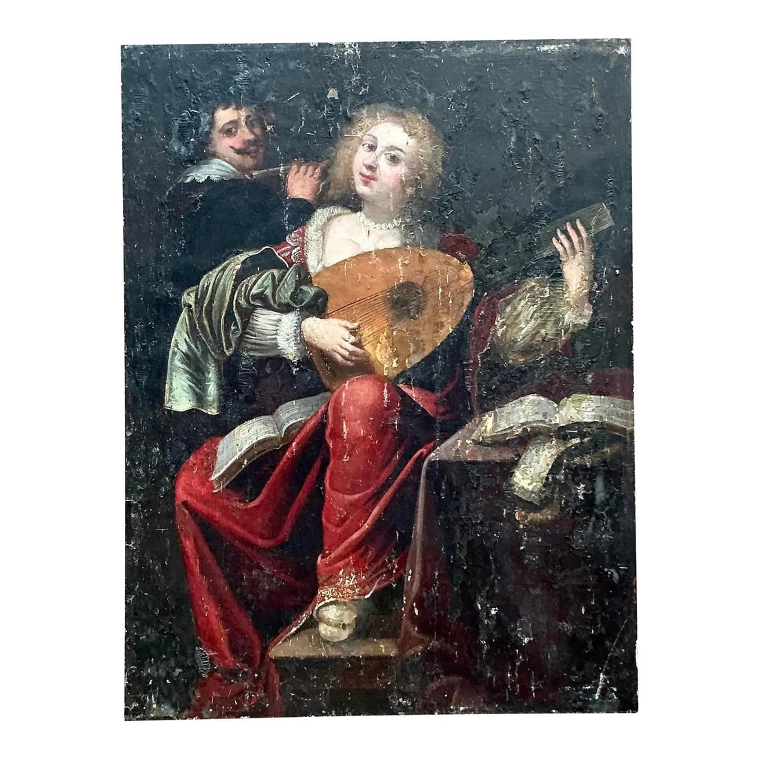 19th Century Oil Board Painting with Bohemian Musicians: 19th Century Oil Board Painting with Bohemian Musicians This 19th-century oil painting on board captures a vibrant bohemian scene featuring a woman in a flowing red gown playing a lute, accompanied by