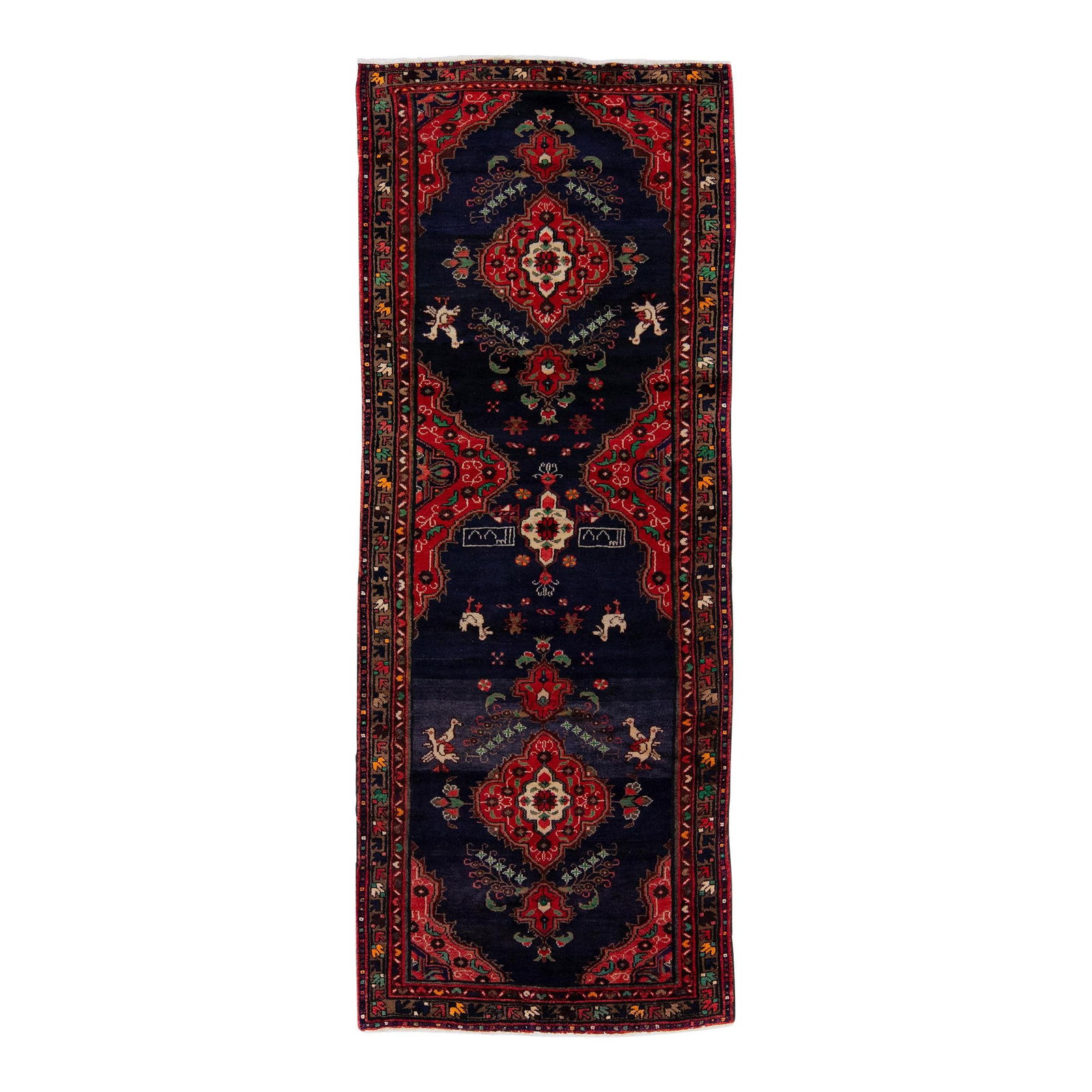 Vintage Persian Hamadan Navy Blue Wool Runner 3'7 x 9'6 Handmade: Vintage Persian Hamadan Navy Blue Wool Runner 3'7 x 9'6 Handmade Discover the charm of this vintage Persian Hamadan hand-knotted wool runner, featuring a rich navy blue field adorned with a brown fram