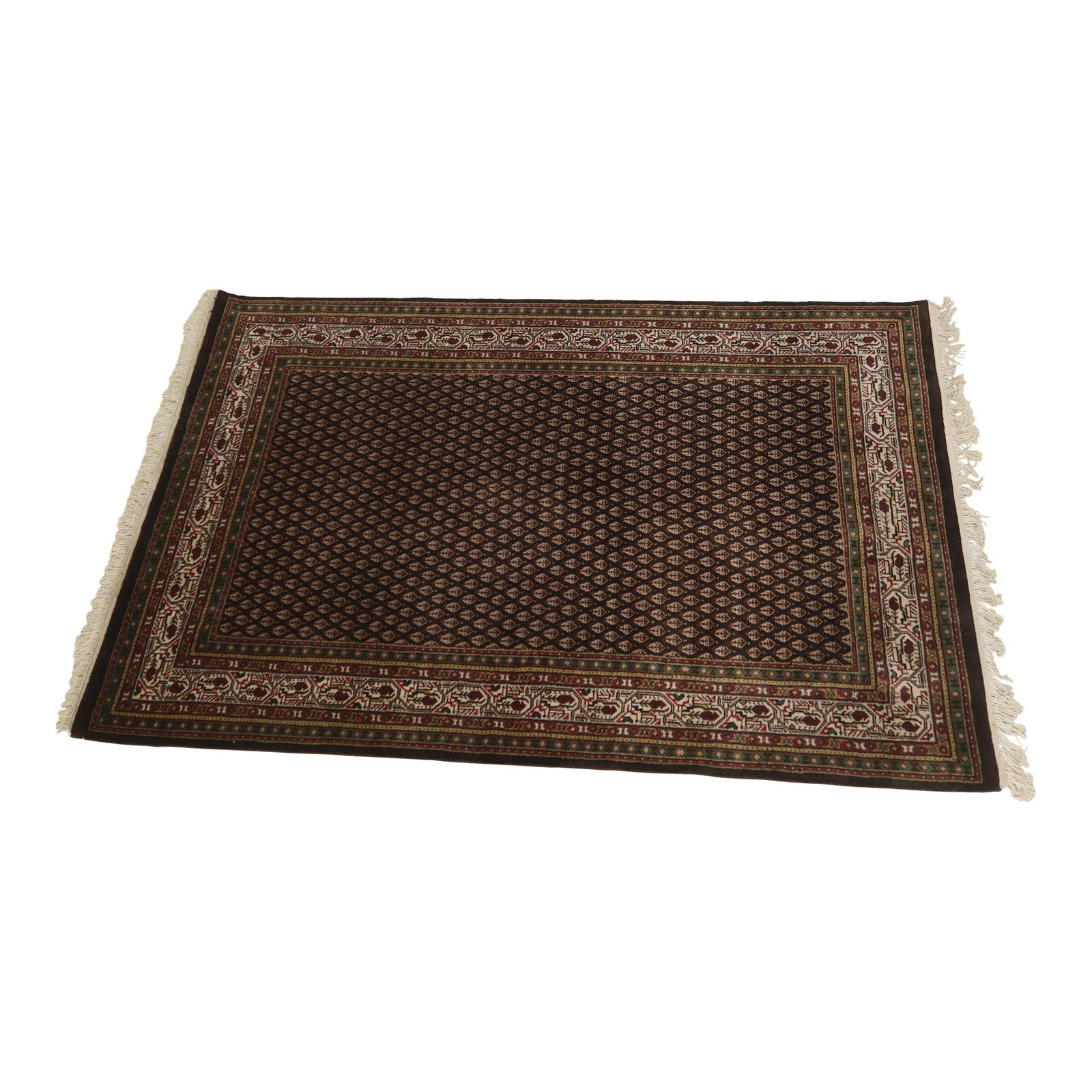 Traditional 100% Wool 4x6 Area Rug Brown Hand Woven: Traditional 100% Wool 4x6 Area Rug Brown Hand Woven This exquisite area rug, crafted from 100% high-quality wool, features a rich brown background and showcases a traditional design. Approximately 25 