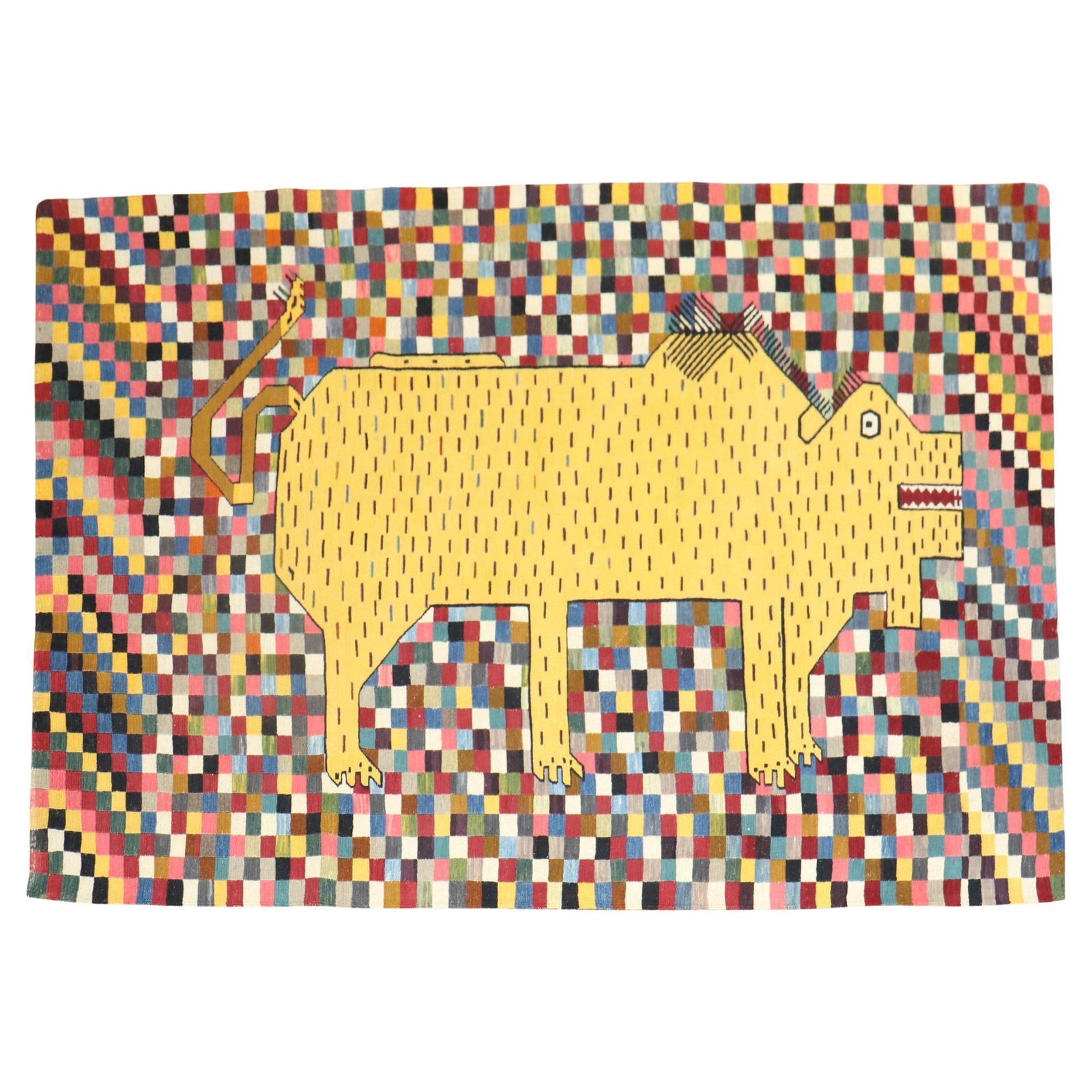Whimsical Yellow Rhinoceros Persian Kilim 59 x 83 Wool Bohemian: Whimsical Yellow Rhinoceros Persian Kilim 59 x 83 Wool Bohemian This stunning late 20th Century Persian Kilim features a striking yellow rhinoceros set against a vibrant checkered background, making i