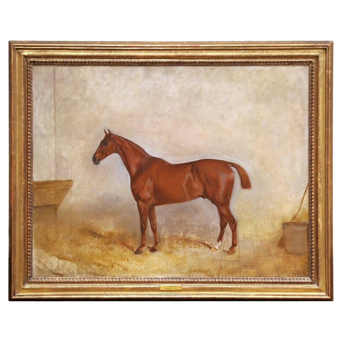 Claude Lorraine Ferneley Horse Oil Painting in Giltwood Frame 36W x 29H: Claude Lorraine Ferneley Horse Oil Painting in Giltwood Frame 36W x 29H This mid-19th century English oil on canvas painting by Claude Lorraine Ferneley depicts a chestnut hunter standing in profile i