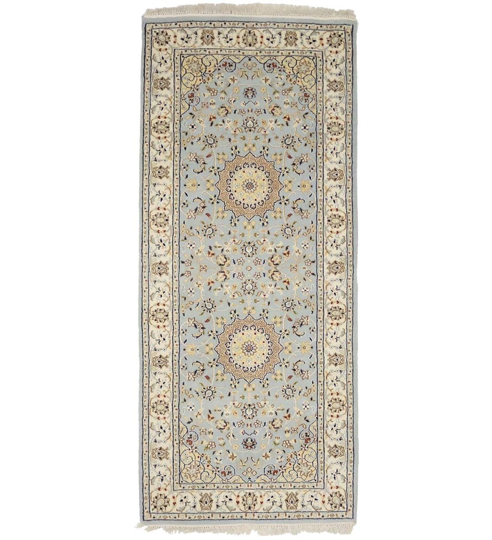 Hand-Knotted Wool and Silk Indian Runner Rug 2'8 x 6'3 Floral Medallion Pattern: Hand-Knotted Wool and Silk Indian Runner Rug 2'8 x 6'3 Floral Medallion Pattern This hand-knotted runner rug features a floral medallion design in light blue, cream, red, brown, green, tan, and navy t