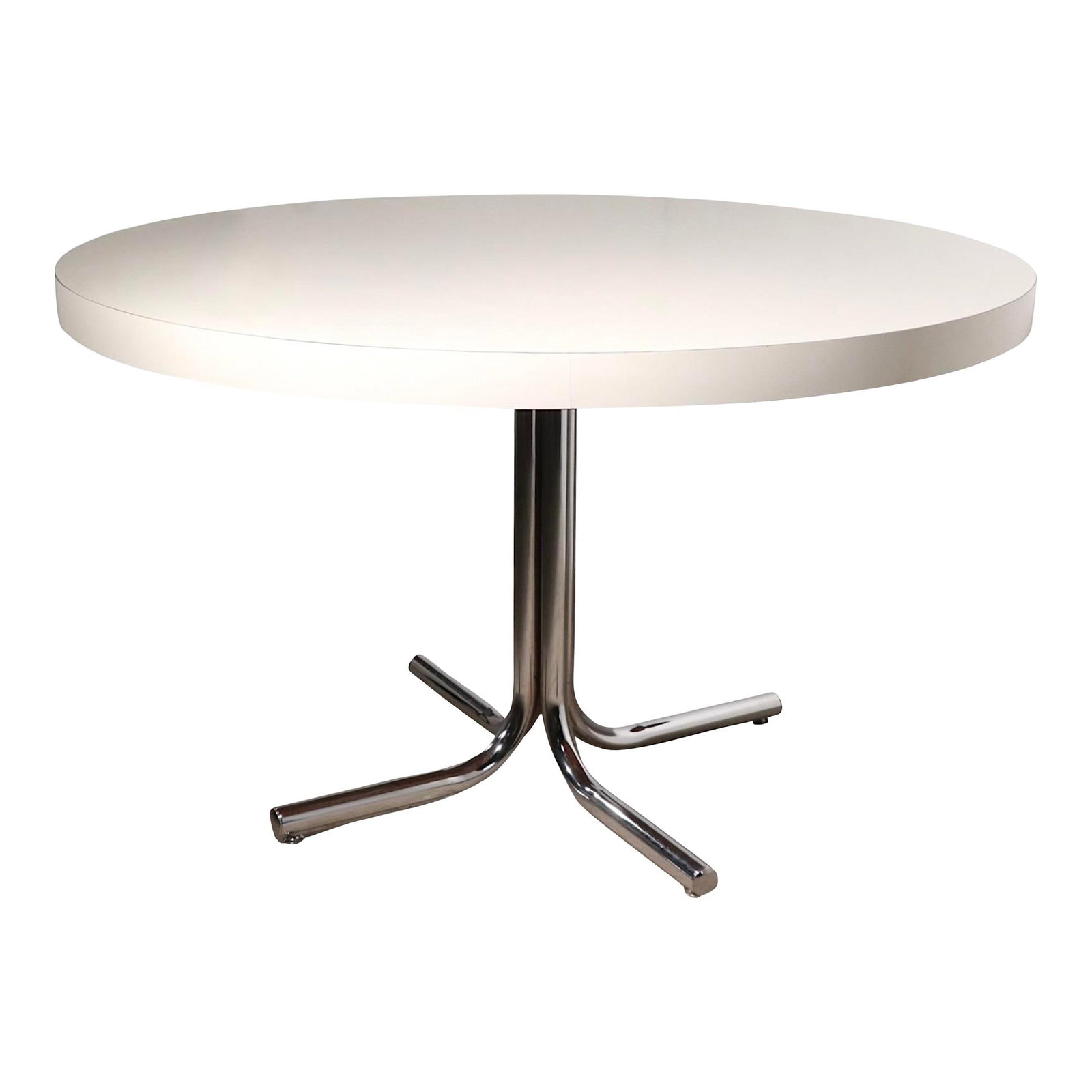 1970s Vintage Round White Formica Dining Table with Chrome Base 48": 1970s Vintage Round White Formica Dining Table with Chrome Base 48" This vintage 1970's dining or kitchen table features a large round white Formica top measuring 48 inches in diameter. The table is s