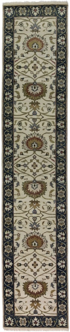 Wool Peshawar Chobi Runner 2'6 x 11'11 Floral: Wool Peshawar Chobi Runner 2'6 x 11'11 Floral This is a hand-knotted Peshawar Chobi runner rug featuring a muted floral pattern in cream, dark teal, rusty red, blue-gray, tan, and gold tones. Crafted 