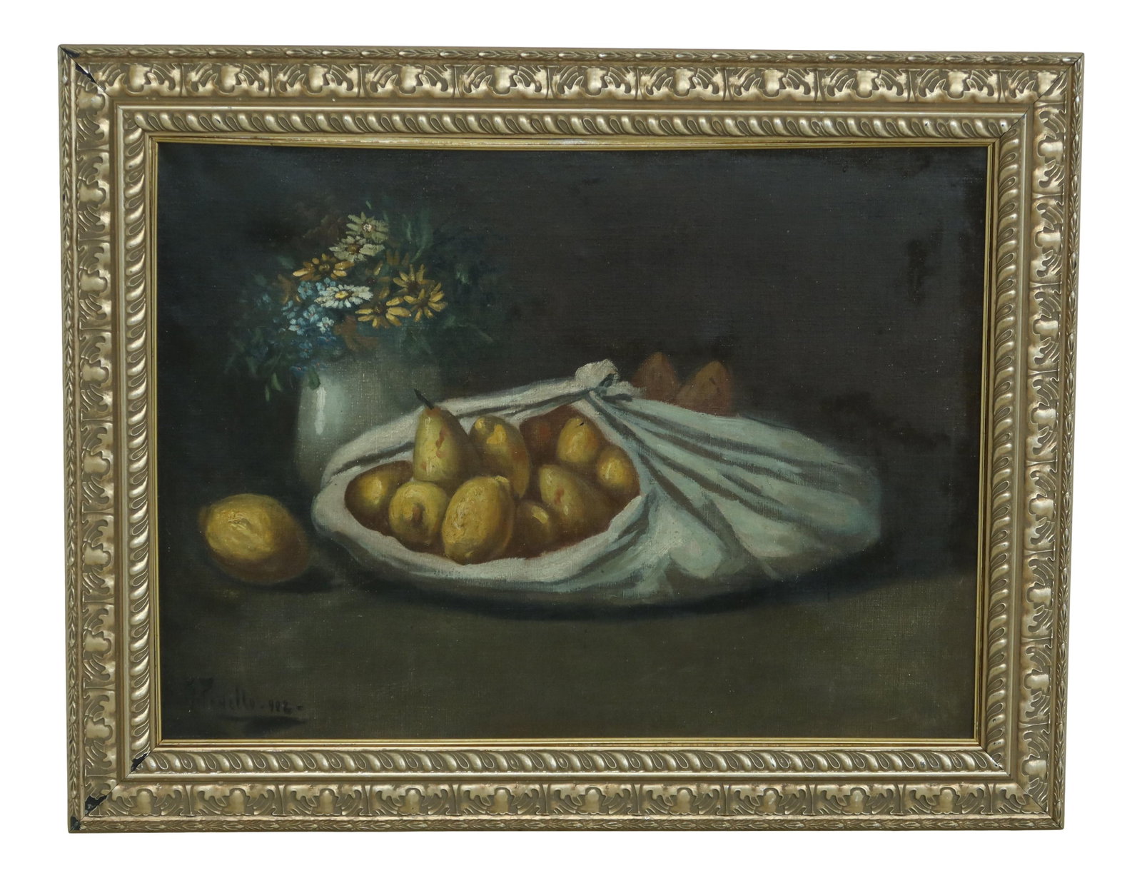 Vintage Framed Signed Oil Painting Lemons and Flowers 36 x 27.5: Vintage Framed Signed Oil Painting Lemons and Flowers 36 x 27.5 This exquisite framed oil painting on canvas features a vibrant composition of lemons and flowers. The artwork, approximately 50 years o