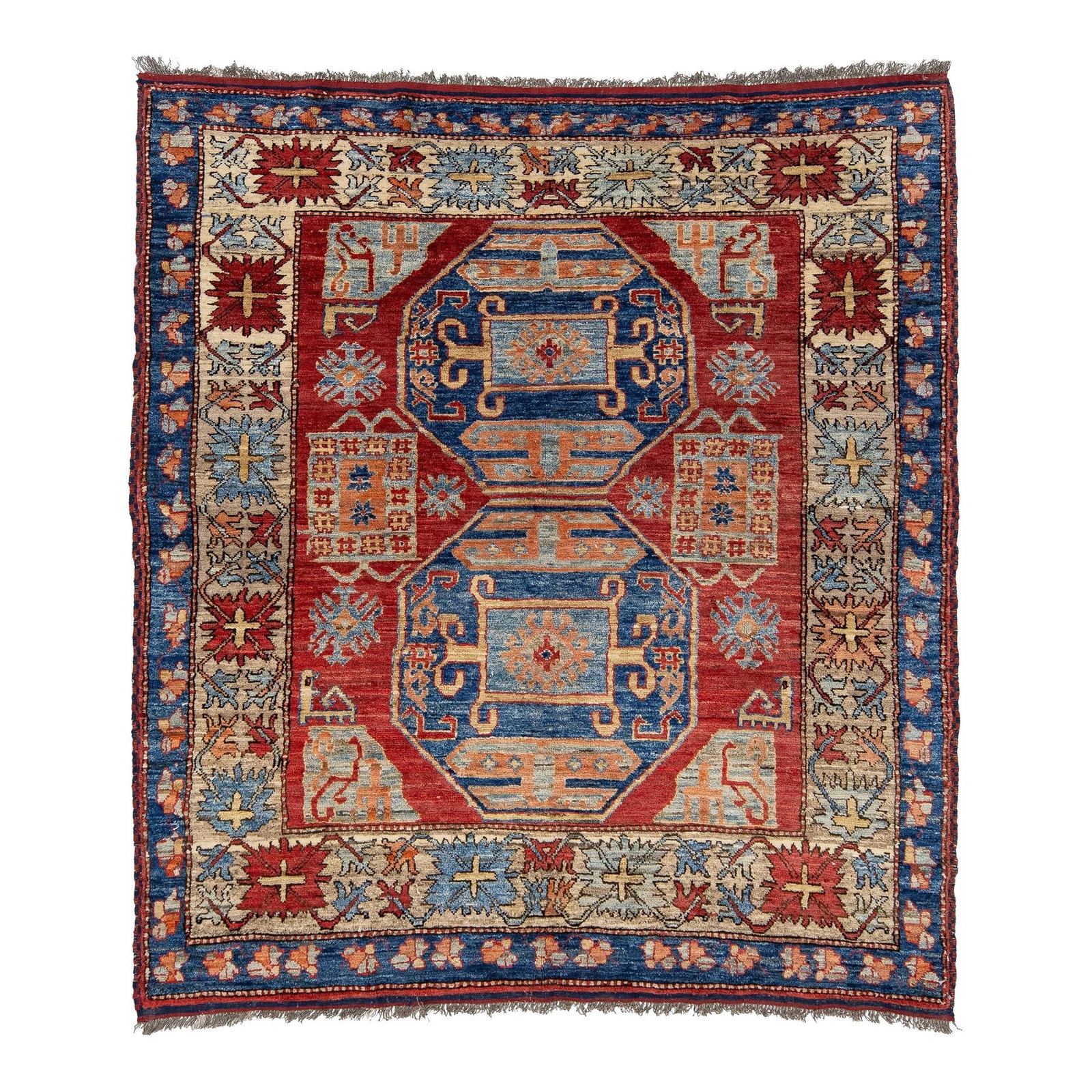Handmade Kazak Wool Rug 5'9 x 6'4 Red Blue Geometric Design: Handmade Kazak Wool Rug 5'9 x 6'4 Red Blue Geometric Design This exquisite Kazak wool rug is meticulously handcrafted, showcasing a vibrant red base adorned with intricate geometric designs in blue, p