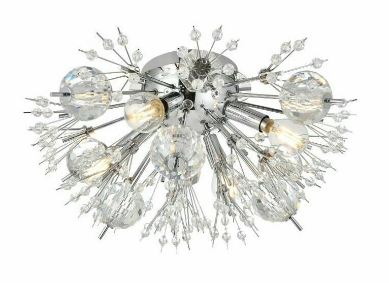 Vera 19 Inch Chrome Flush Mount Sputnik Chandelier with Crystal and Glass Accents: Vera 19 Inch Chrome Flush Mount Sputnik Chandelier with Crystal and Glass Accents This modern flush mount chandelier features a chrome-plated sputnik frame adorned with clear crystal and glass element