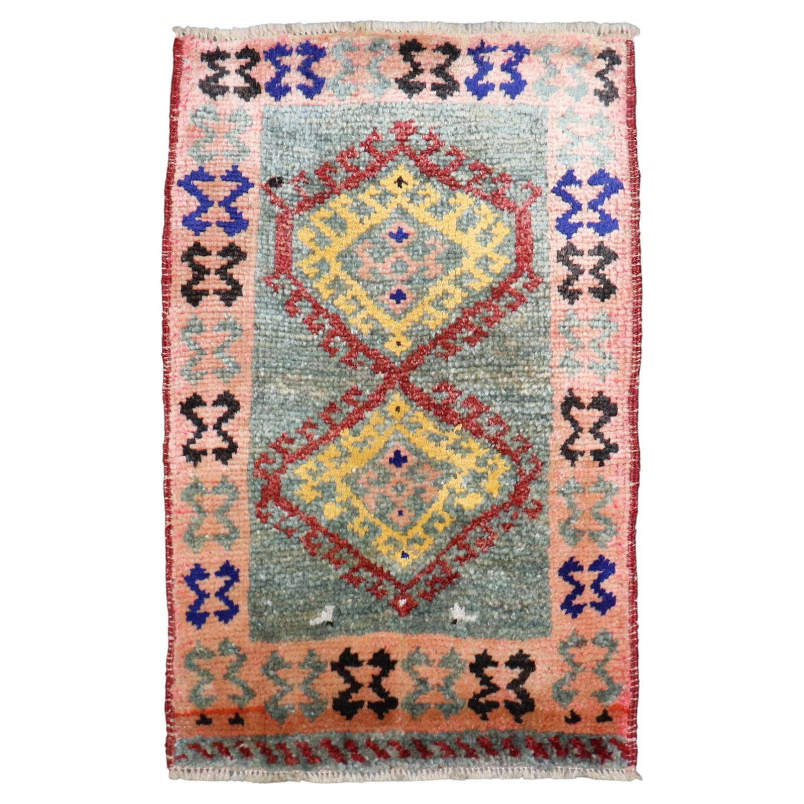Small Hand-Knotted Wool Anatolian Geometric Rug 1'6 x 2'4 Mid 20th Century: Small Hand-Knotted Wool Anatolian Geometric Rug 1'6 x 2'4 Mid 20th Century This colorful mid-20th-century Anatolian Turkish yastik rug features a geometric design and is hand-knotted from wool. Reflec