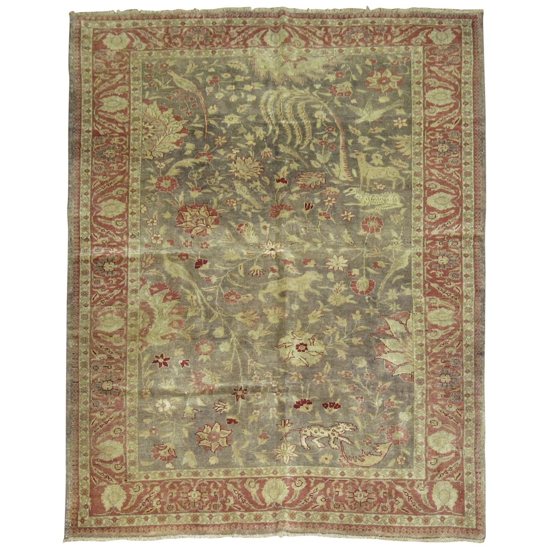 Antique Turkish Sivas Rug Gray Animal Motif Hand-Knotted Wool 4'4 x 5'5: Antique Turkish Sivas Rug Gray Animal Motif Hand-Knotted Wool 4'4 x 5'5 Introducing the Zabihi Collection Gray Animal Motif Turkish Fine Sivas Rug, a stunning accent piece that showcases the artistry 