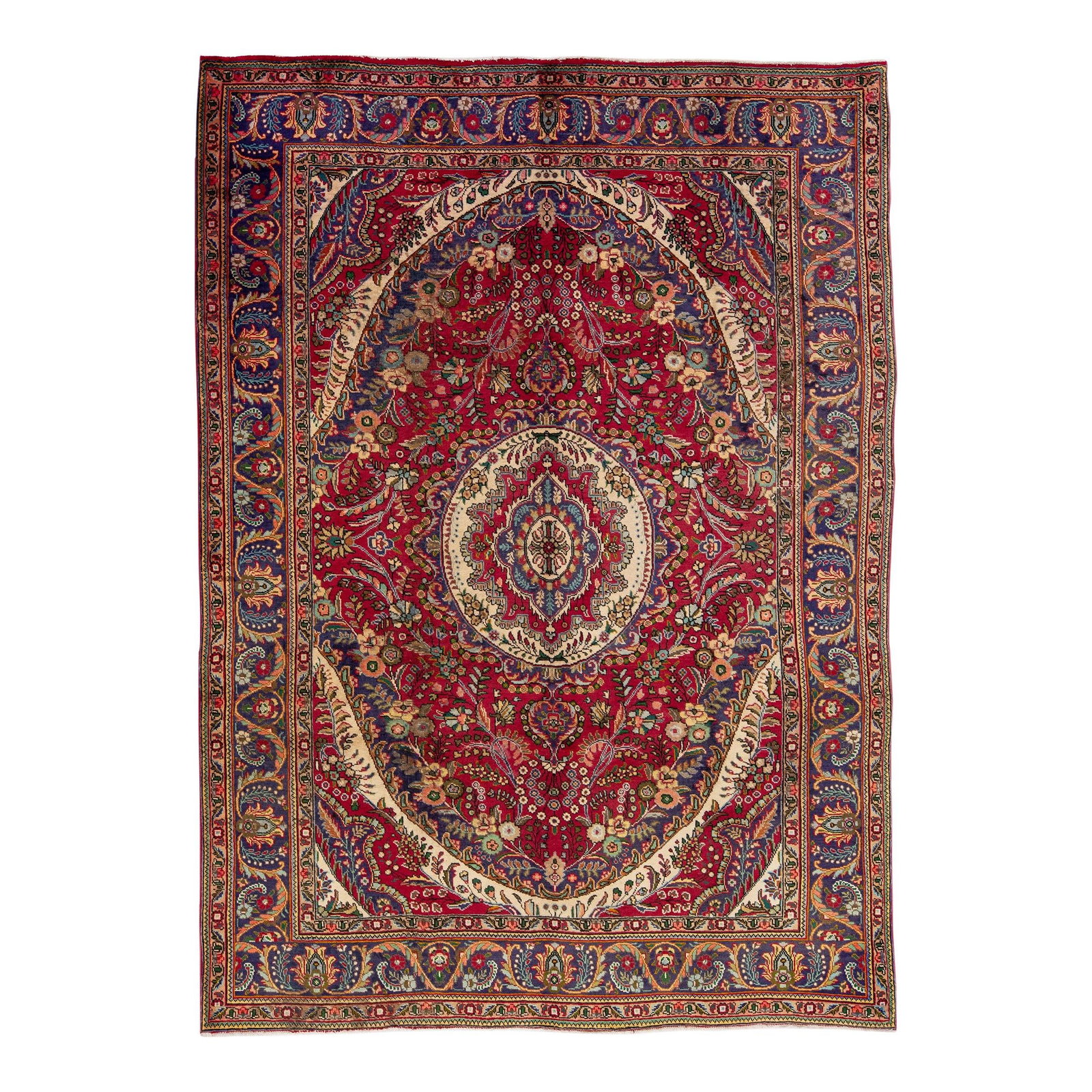 Vintage Persian Tabriz Hand-Knotted Red Wool Medallion Rug 6'8 x 9'6: Vintage Persian Tabriz Hand-Knotted Red Wool Medallion Rug 6'8 x 9'6 This stunning vintage Persian Tabriz rug showcases exquisite craftsmanship with its hand-knotted wool construction. Featuring a vib