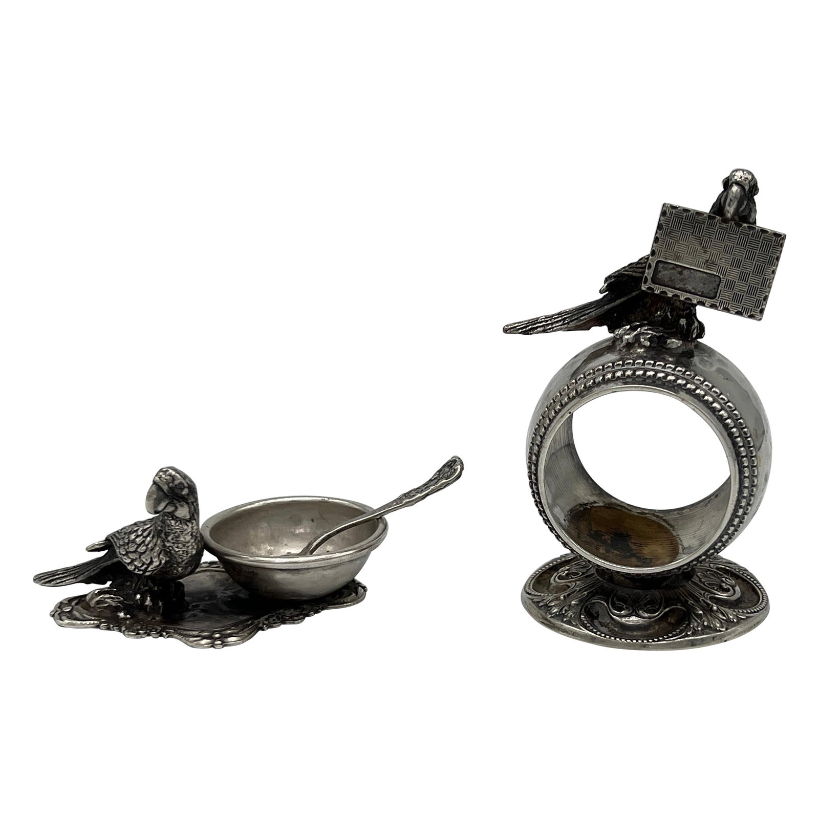 Charming Antique Parrot Silver Plated Table Accessory Set of 3: Charming Antique Parrot Silver Plated Table Accessory Set of 3 Enhance your dining experience with this charming antique parrot form silver plated table accessory set, featuring a delightful napkin ri