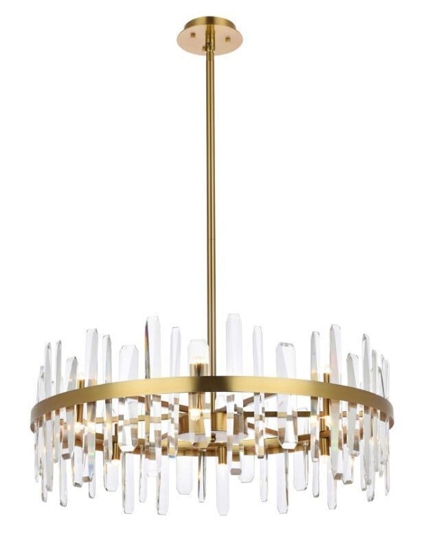 Serena 16-Light Satin Gold Crystal Chandelier 32 Inch: Serena 16-Light Satin Gold Crystal Chandelier 32 Inch This modern chandelier features a satin gold finish and is designed with 16 lights, making it a striking centerpiece for living rooms, dining area