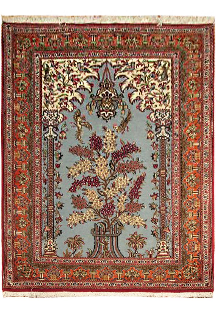 3.6 x 5.0 Persian Qom Prayer Rug Fine Wool and Silk Hand Knotted: 3.6 x 5.0 Persian Qom Prayer Rug Fine Wool and Silk Hand Knotted Free continental US Shipping This Persian Qom prayer rug is expertly hand-knotted from a fine blend of natural wool and silk, showcasin