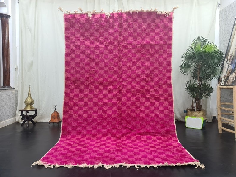 Handmade Moroccan Berber Pink Chess Wool Rug 10 x 5 Feet: Handmade Moroccan Berber Pink Chess Wool Rug 10 x 5 Feet Enhance your space with this Beautiful Pink Chess Rug, a soft handmade Moroccan Berber piece that combines traditional craftsmanship with moder