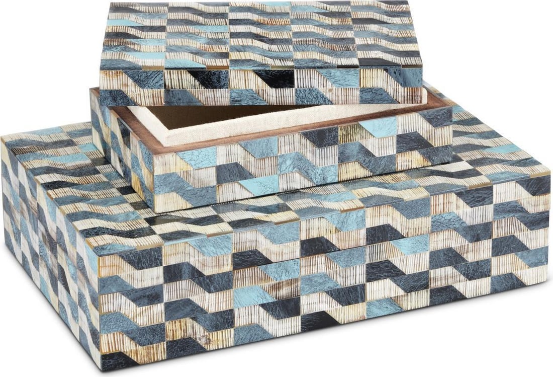 Currey Ezra Storage Boxes Blue Linen & Horn 3H 12W 8D (1 of 6)