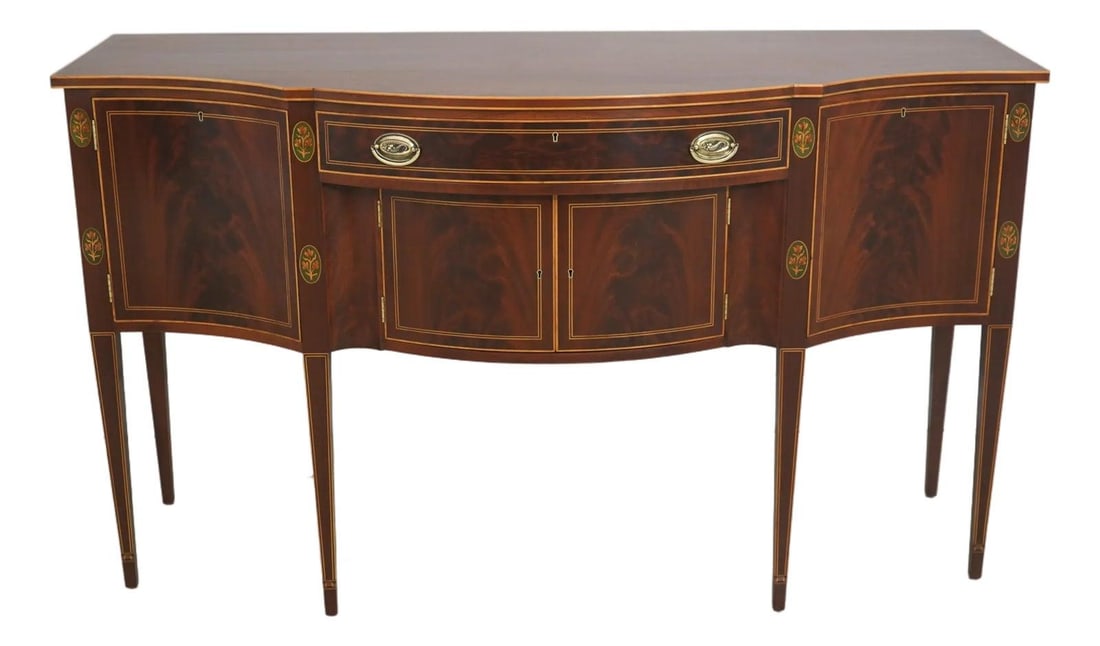 Mahogany Federal Period Sideboard With Inlay and Brass Hardware: Mahogany Federal Period Sideboard With Inlay and Brass Hardware This Federal style sideboard by Pothast Bros. is crafted from mahogany and features bench-made construction with dovetailed drawers. The