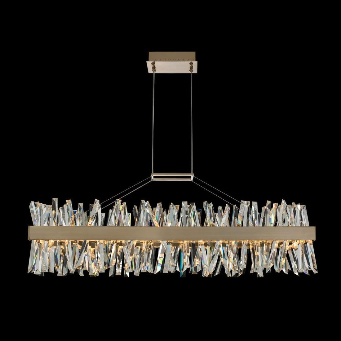 Kalco Glacier LED Island Light Brushed Champagne Gold & Crystal: Kalco Glacier LED Island Light Brushed Champagne Gold & Crystal Illuminate your space with the Contemporary Elegance Gold & Crystal LED Light, featuring a stunning design that combines brushed champag