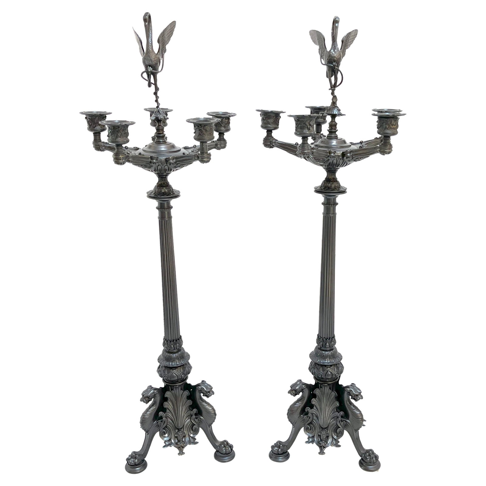 Napoleon III Pair of Patinated Bronze 5-Light Candelabra France 1870s: Napoleon III Pair of Patinated Bronze 5-Light Candelabra France 1870s Elevate your decor with this exquisite pair of Napoleon III patinated bronze candelabra, crafted in France during the 1870s. Stand