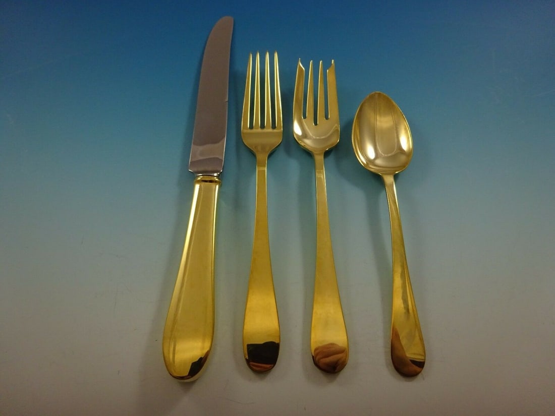 Tiffany & Co Salem Vermeil 4-Piece Sterling Silver Place Setting: Tiffany & Co Salem Vermeil 4-Piece Sterling Silver Place Setting Elevate your dining experience with this exquisite 4-piece place setting in the Salem vermeil pattern by Tiffany & Co. Crafted from ste