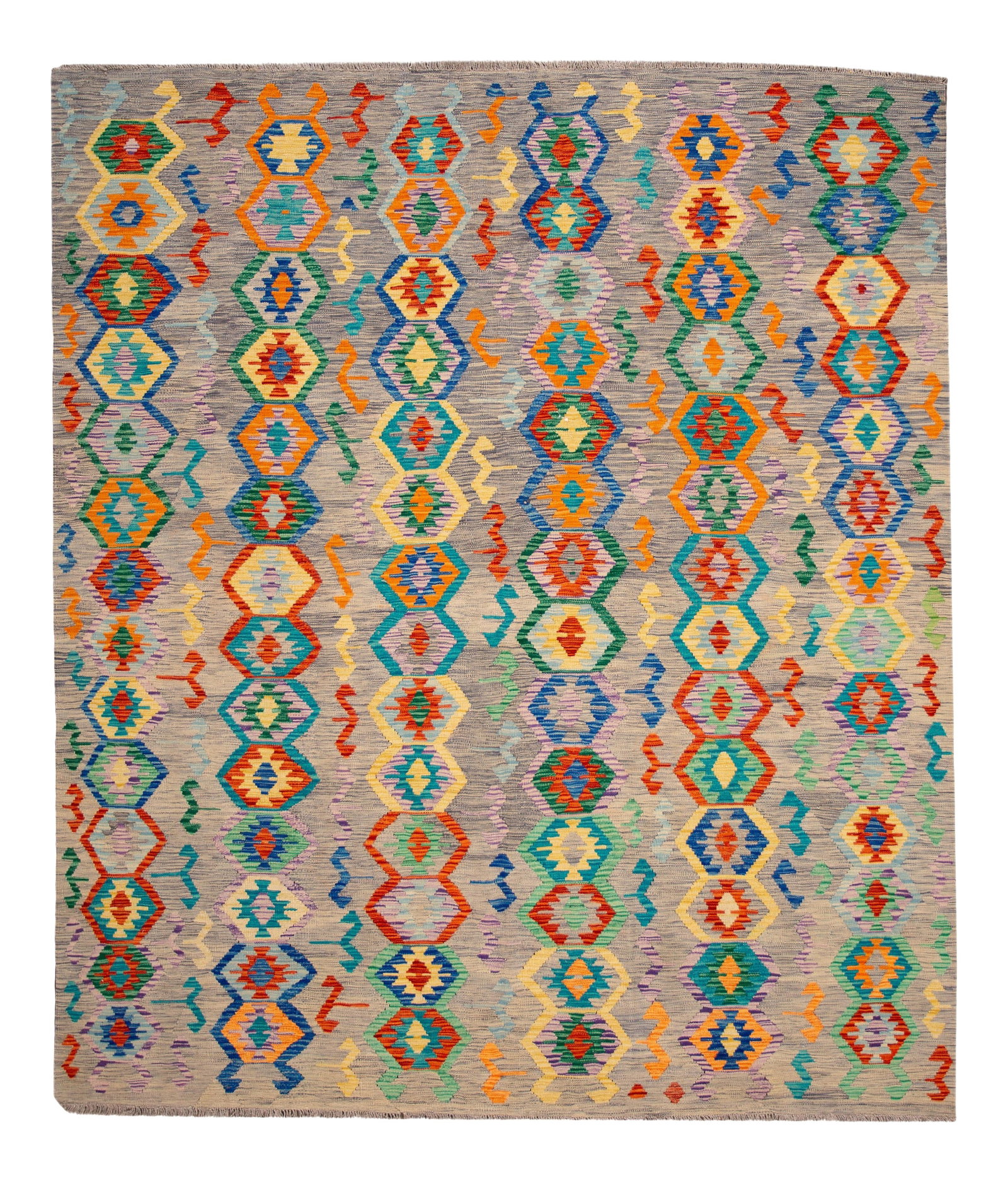 Vibrant Handmade Wool Kilim Rug in Gray with Geometric Design: Vibrant Handmade Wool Kilim Rug in Gray with Geometric Design Enhance your living space with this stunning Modern Kilim hand-knotted Wool Rug, showcasing a captivating all-over geometric design set ag