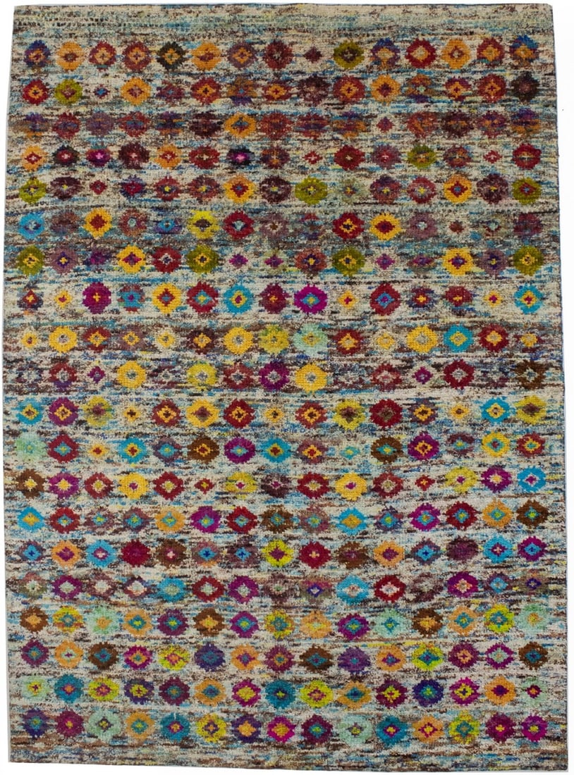 Modern Geometric Hand-Knotted Wool Rug 5'6 x 7'7 Multicolor Handmade Area Carpet: Modern Geometric Hand-Knotted Wool Rug 5'6 x 7'7 Multicolor Handmade Area Carpet This handmade modern style area rug features a geometric pattern in a multicolored palette including beige, cream, brow