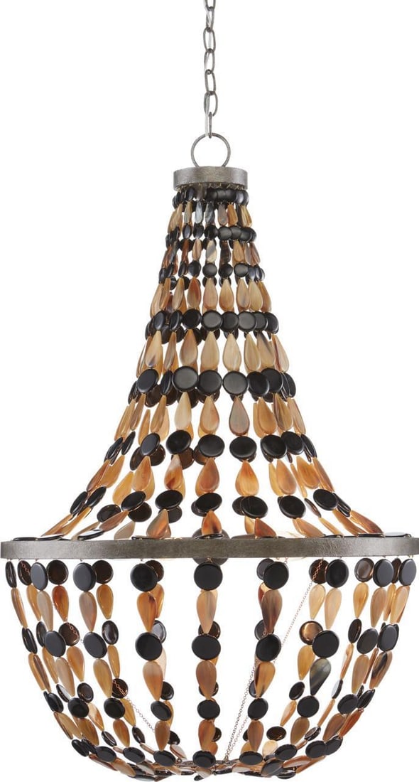 Currey Osterley bowl chandelier black wrought iron horn beads: Currey Osterley bowl chandelier black wrought iron horn beads This Osterley chandelier features a bowl design crafted from black wrought iron and adorned with horn beads. Its transitional style comple