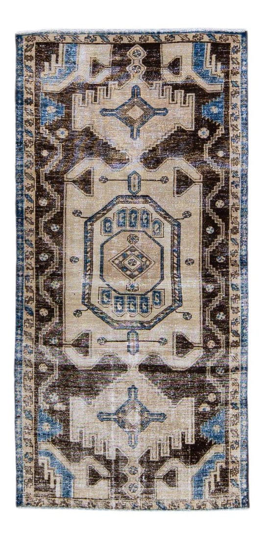 Vintage Hamadan Handmade Wool Rug 3'10 x 8' Geometric Design Beige Brown: Vintage Hamadan Handmade Wool Rug 3'10 x 8' Geometric Design Beige Brown Discover the charm of this vintage Hamadan Persian hand-knotted wool rug, showcasing a stunning beige field adorned with blue a