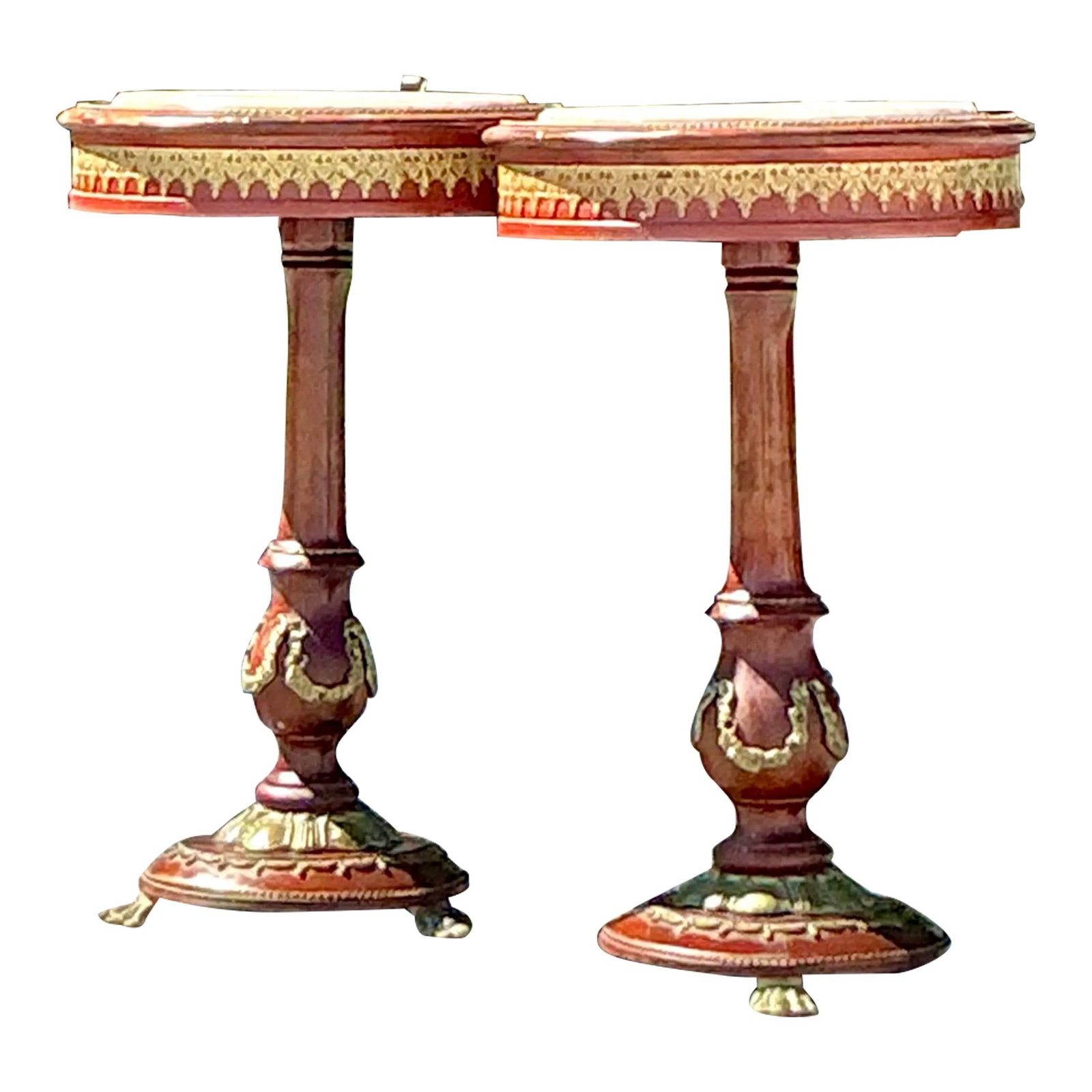 Vintage Regency Ormolu Pedestal Tables Set of 2 with Pink Marble: Vintage Regency Ormolu Pedestal Tables Set of 2 with Pink Marble Enhance your living space with this exquisite Vintage Regency Ormolu Pedestal Table Set, featuring two elegantly crafted tables that em