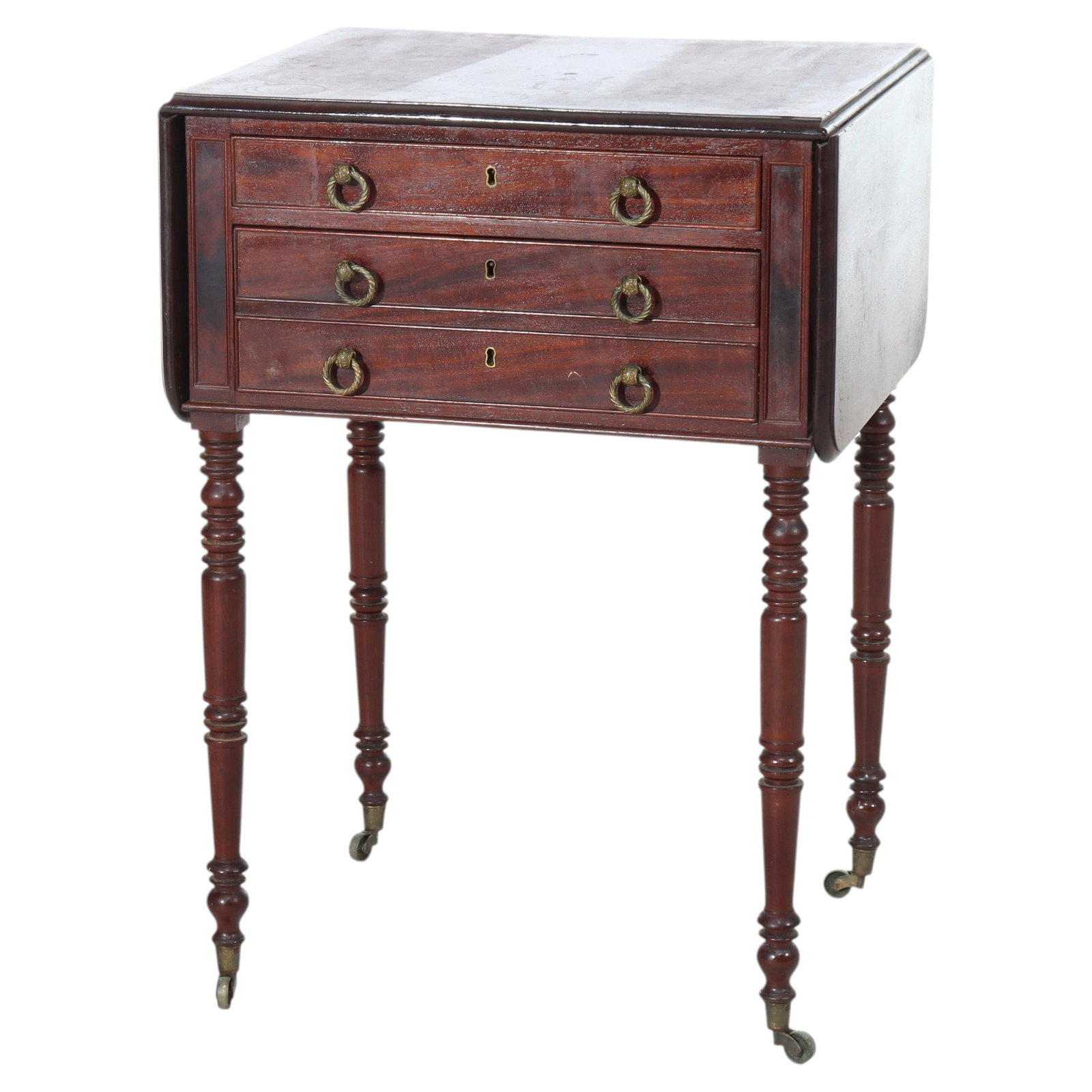 Sheraton Style Mahogany Sewing Table With Three Drawers and Drop Leaves Circa 1880 (1 of 13)