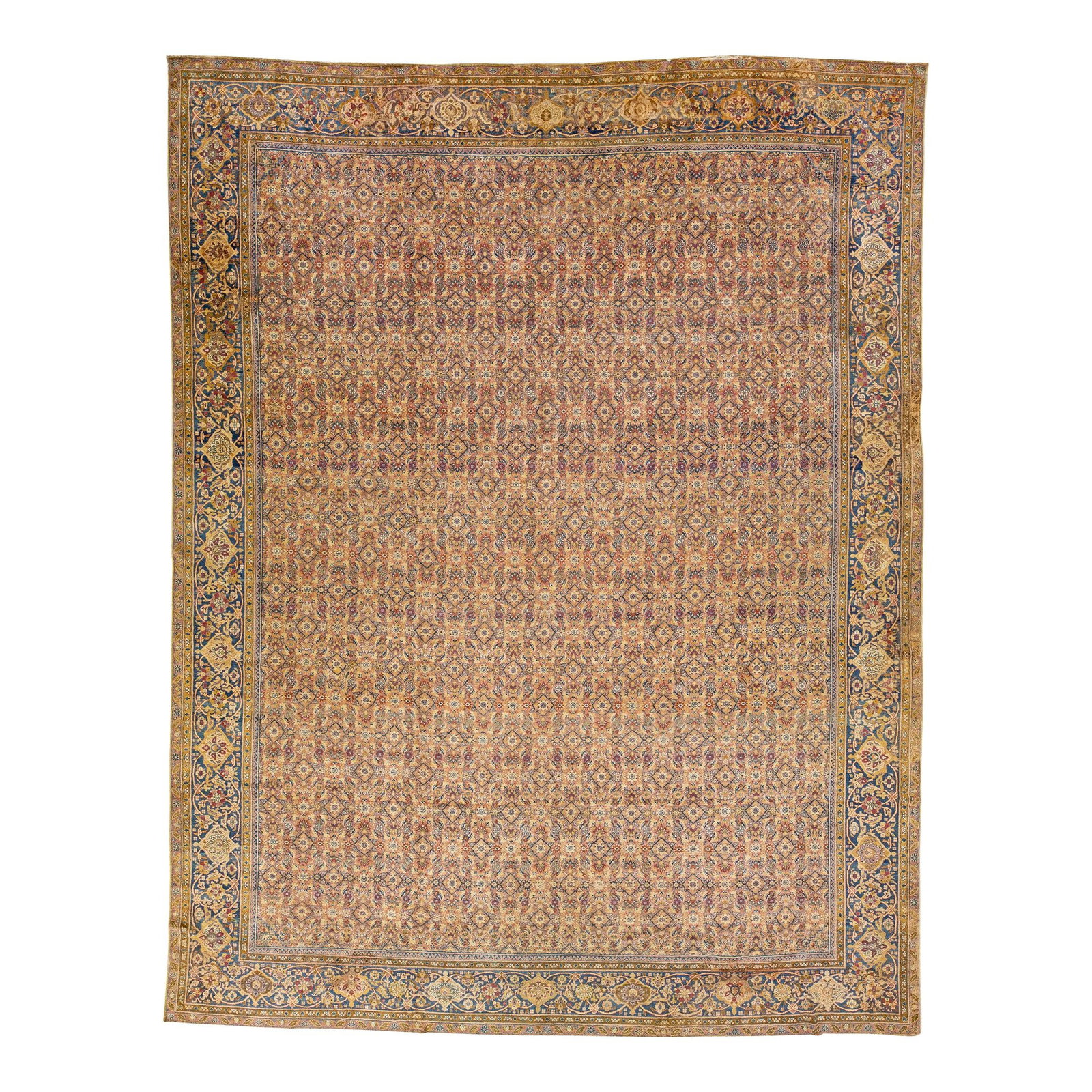 1920s Kerman Handmade Wool Rug Multicolor Floral 14' x 18': 1920s Kerman Handmade Wool Rug Multicolor Floral 14' x 18' This exquisite antique Kerman handmade wool rug showcases a stunning all-over floral design with a tan field accented by vibrant shades of pi