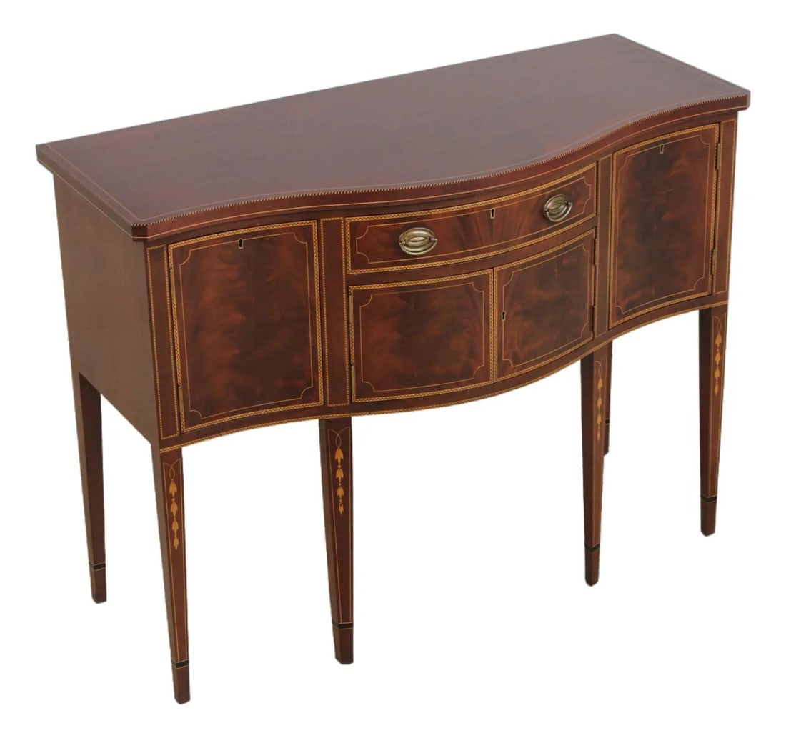 Mahogany Federal Style Sideboard with Inlay and Brass Hardware: Mahogany Federal Style Sideboard with Inlay and Brass Hardware This Federal style server sideboard is crafted from high-quality mahogany and features elegant inlay work with ebony and boxwood accents.