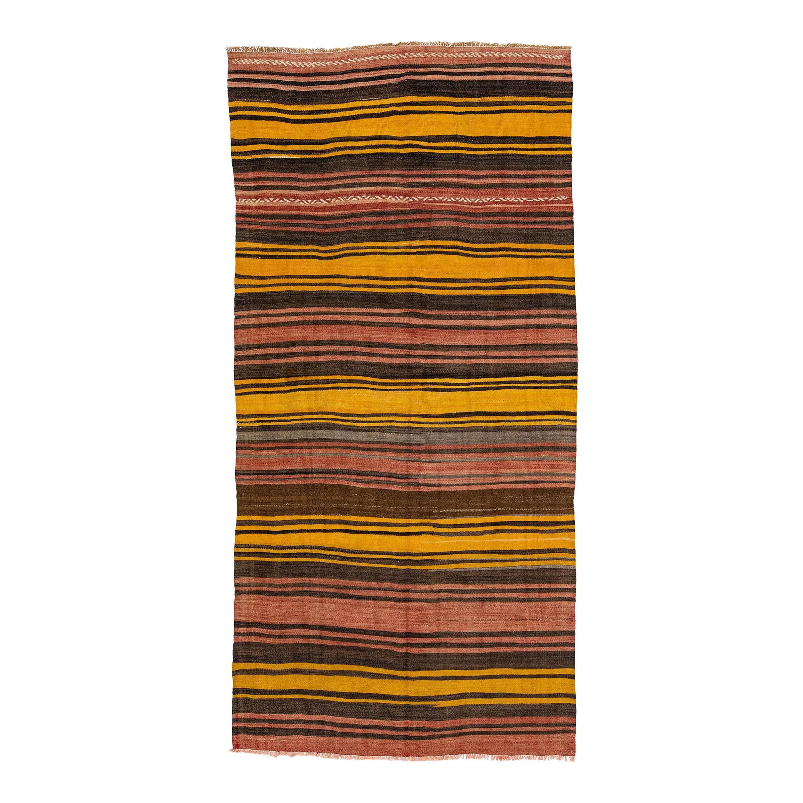 1960s Vintage Kilim Handmade Wool Rug Multicolor Geometric Design 4'9 x 9'8: 1960s Vintage Kilim Handmade Wool Rug Multicolor Geometric Design 4'9 x 9'8 This stunning vintage Kilim rug is hand-knotted from high-quality wool, showcasing a vibrant multicolor geometric stripe des