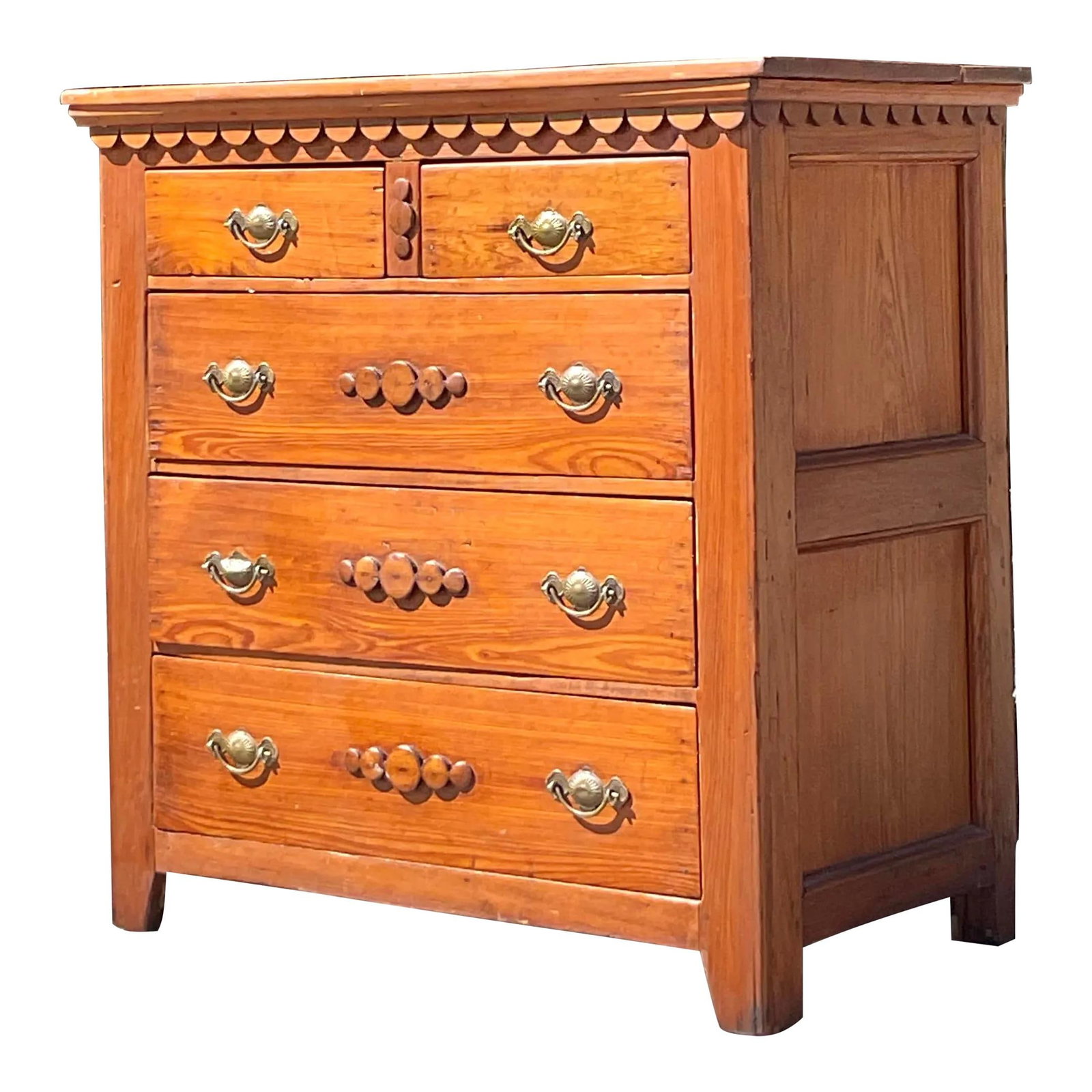 Vintage Primitive Scalloped Chest of Drawers in Chocolate Wood: Vintage Primitive Scalloped Chest of Drawers in Chocolate Wood Enhance your home with this vintage primitive scalloped chest of drawers, featuring beautifully scalloped edges and a naturally distresse