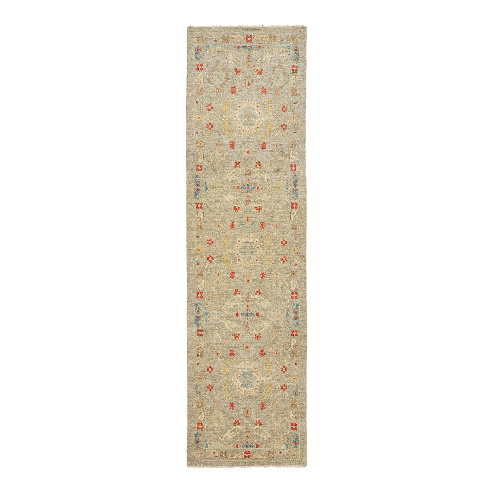 Contemporary Sultanabad Floral Wool Runner 3'2 x 11'6 Gray Beige: Contemporary Sultanabad Floral Wool Runner 3'2 x 11'6 Gray Beige This stunning 21st Century Modern Sultanabad runner rug brings contemporary elegance to any space. Hand-knotted from premium wool, it f